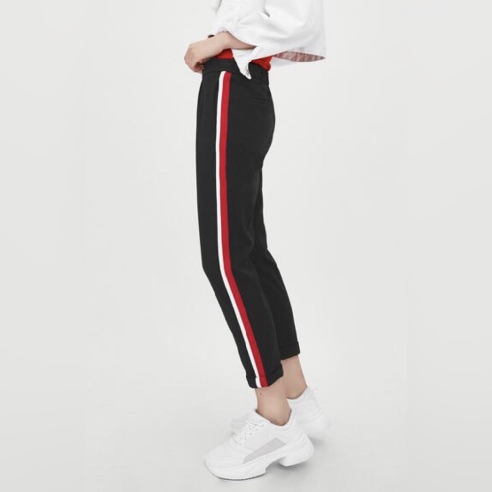 Zara Trafaluc Collection Black Trouser Pants with Red and White stripes on side